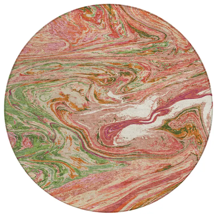8' Coral Green And Ivory Round Abstract Washable Indoor Outdoor Area Rug