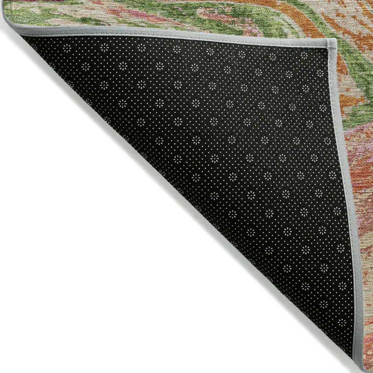 8' Coral Green And Ivory Round Abstract Washable Indoor Outdoor Area Rug