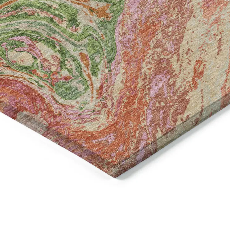 8' Coral Green And Ivory Round Abstract Washable Indoor Outdoor Area Rug