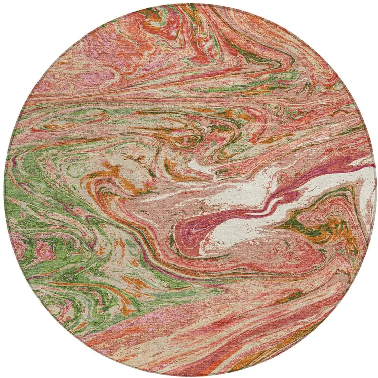 8' Coral Green And Ivory Round Abstract Washable Indoor Outdoor Area Rug