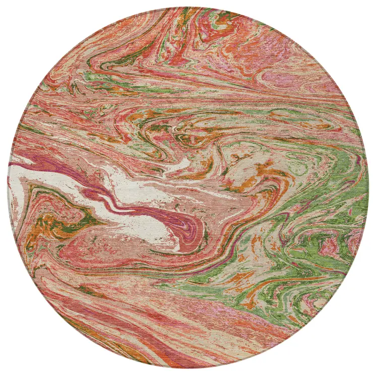 8' Coral Green And Ivory Round Abstract Washable Indoor Outdoor Area Rug