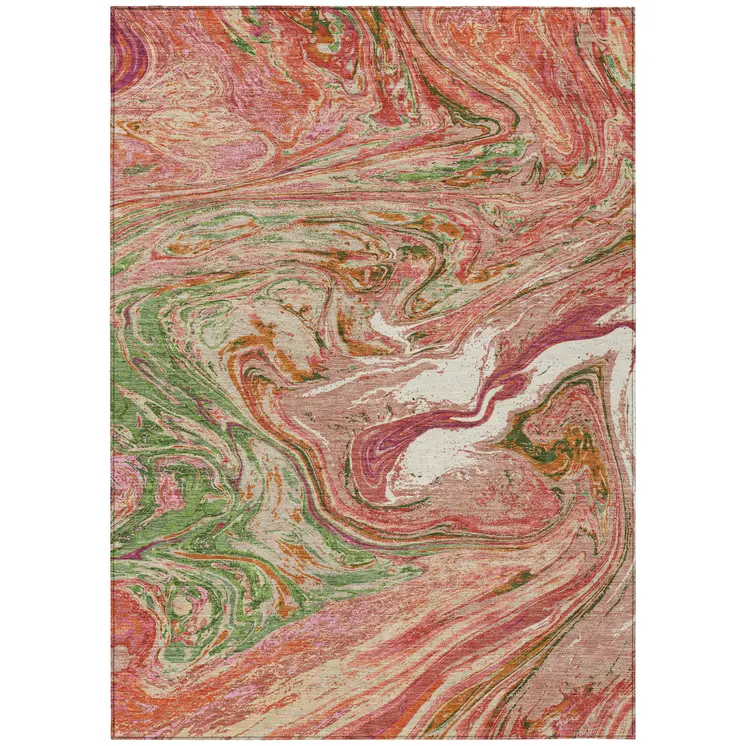 8' X 10' Coral Green And Ivory Abstract Washable Indoor Outdoor Area Rug
