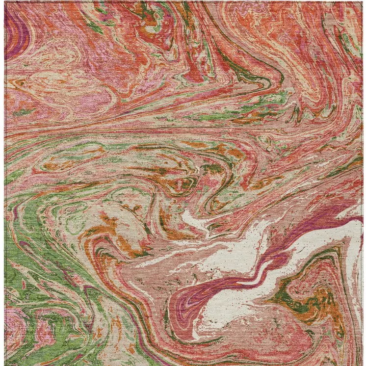 9' X 12' Coral Green And Ivory Abstract Washable Indoor Outdoor Area Rug