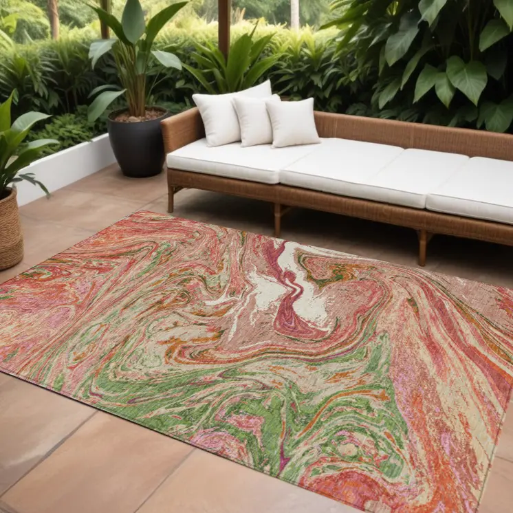 9' X 12' Coral Green And Ivory Abstract Washable Indoor Outdoor Area Rug
