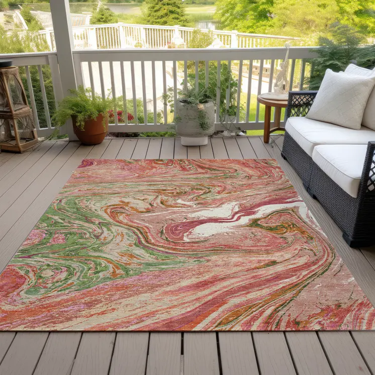 9' X 12' Coral Green And Ivory Abstract Washable Indoor Outdoor Area Rug