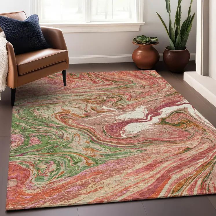 9' X 12' Coral Green And Ivory Abstract Washable Indoor Outdoor Area Rug