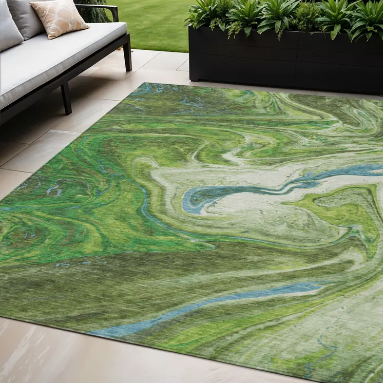5' X 8' Green Blue And Ivory Abstract Washable Indoor Outdoor Area Rug