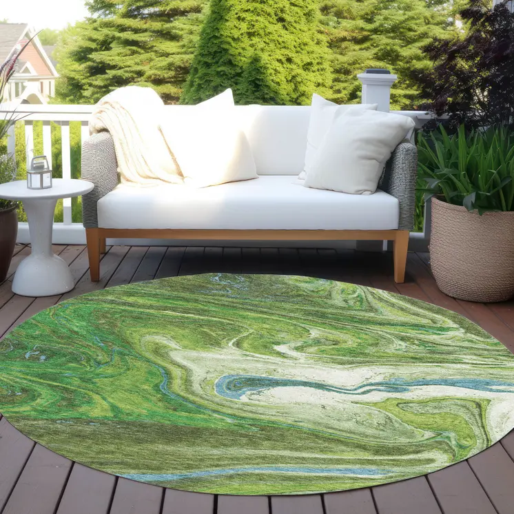 8' Green Blue And Ivory Round Abstract Washable Indoor Outdoor Area Rug