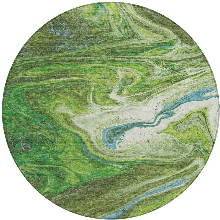 8' Green Blue And Ivory Round Abstract Washable Indoor Outdoor Area Rug