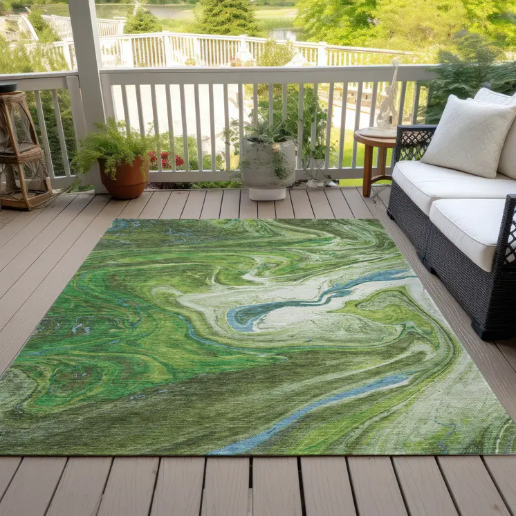9' X 12' Green Blue And Ivory Abstract Washable Indoor Outdoor Area Rug
