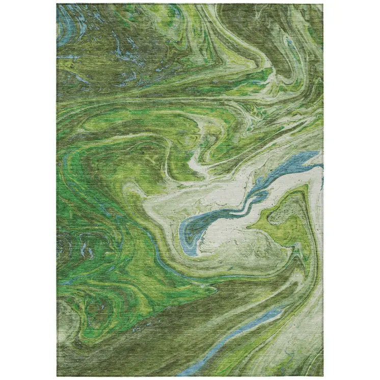 9' X 12' Green Blue And Ivory Abstract Washable Indoor Outdoor Area Rug