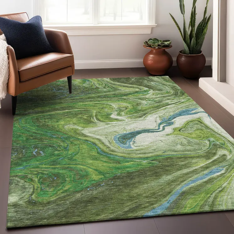 9' X 12' Green Blue And Ivory Abstract Washable Indoor Outdoor Area Rug