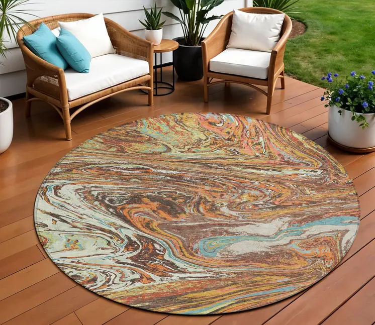 8' Khaki Brown And Blue Round Abstract Washable Indoor Outdoor Area Rug