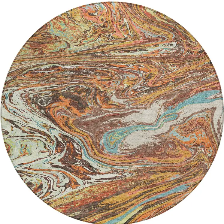 8' Khaki Brown And Blue Round Abstract Washable Indoor Outdoor Area Rug