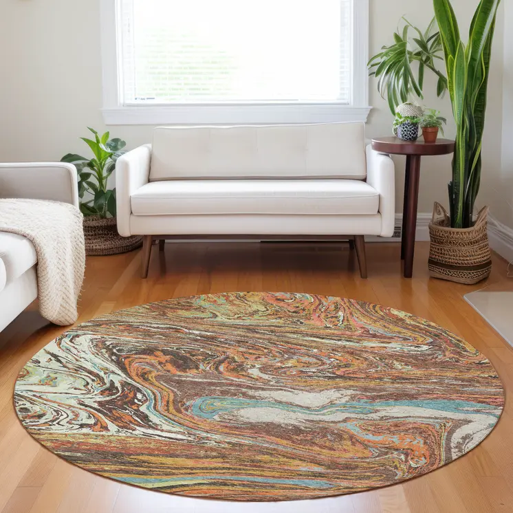 8' Khaki Brown And Blue Round Abstract Washable Indoor Outdoor Area Rug