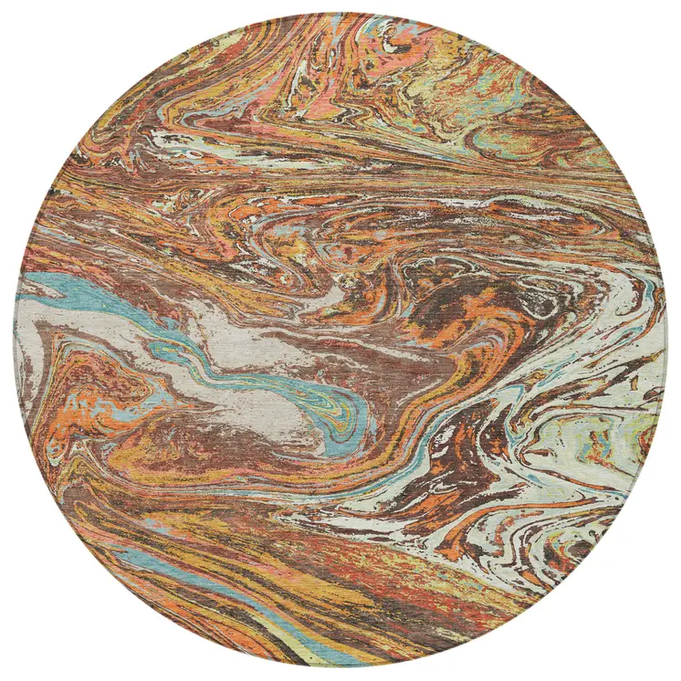 8' Khaki Brown And Blue Round Abstract Washable Indoor Outdoor Area Rug
