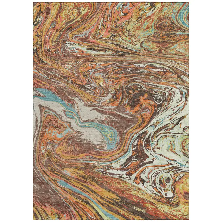 9' X 12' Khaki Brown And Blue Abstract Washable Indoor Outdoor Area Rug