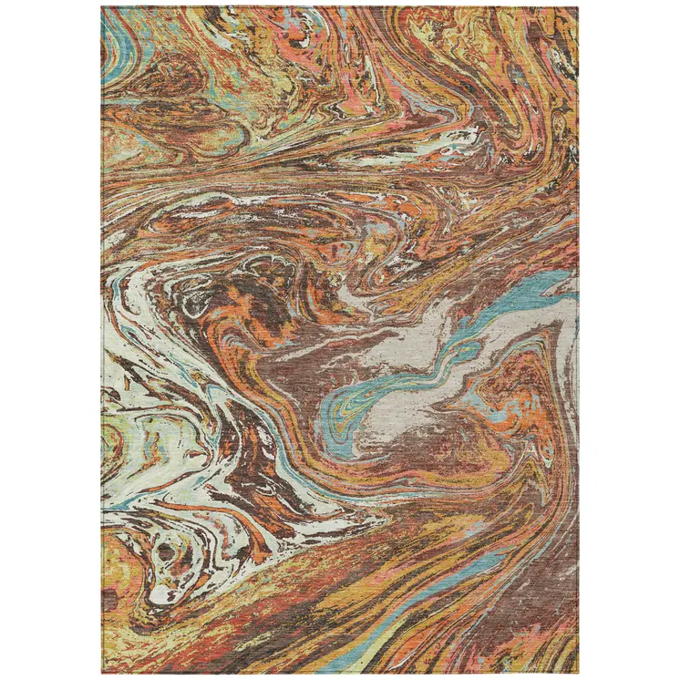 9' X 12' Khaki Brown And Blue Abstract Washable Indoor Outdoor Area Rug