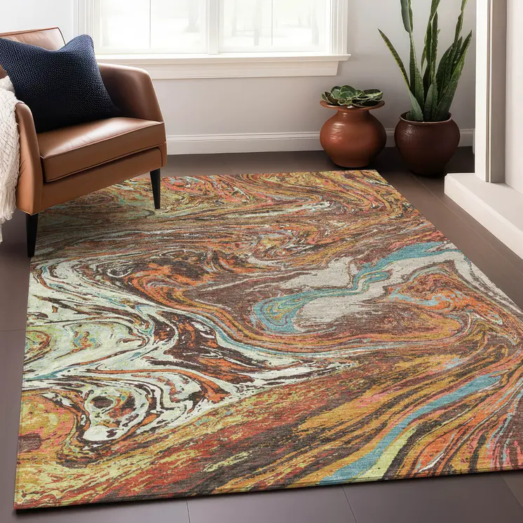 9' X 12' Khaki Brown And Blue Abstract Washable Indoor Outdoor Area Rug