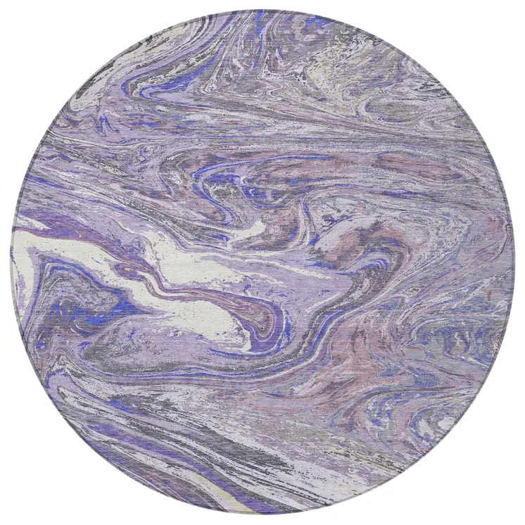 8' Lavender Purple And Gray Round Abstract Washable Indoor Outdoor Area Rug