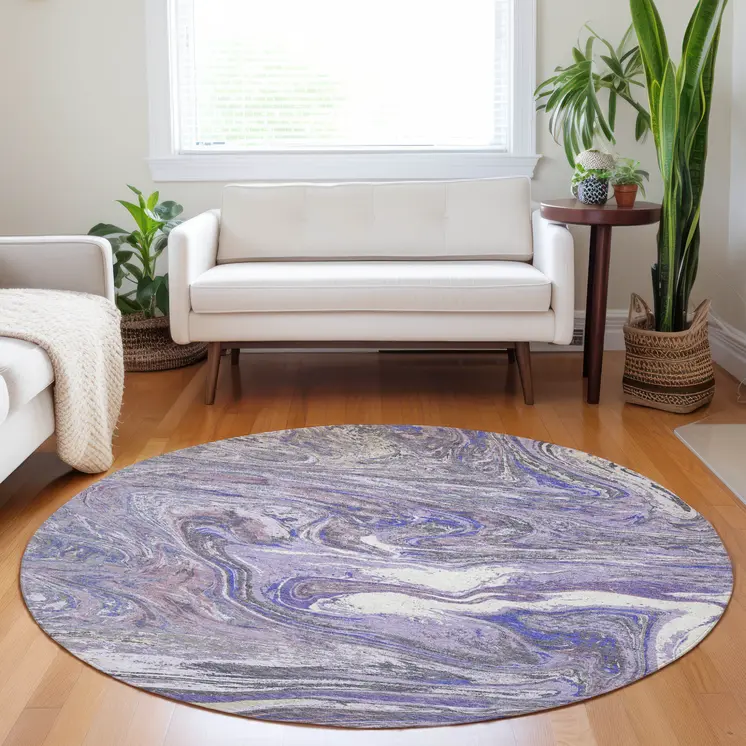 8' Lavender Purple And Gray Round Abstract Washable Indoor Outdoor Area Rug