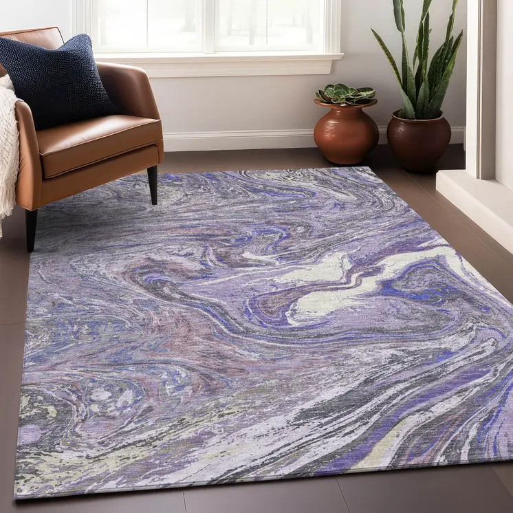 9' X 12' Lavender Purple And Gray Abstract Washable Indoor Outdoor Area Rug