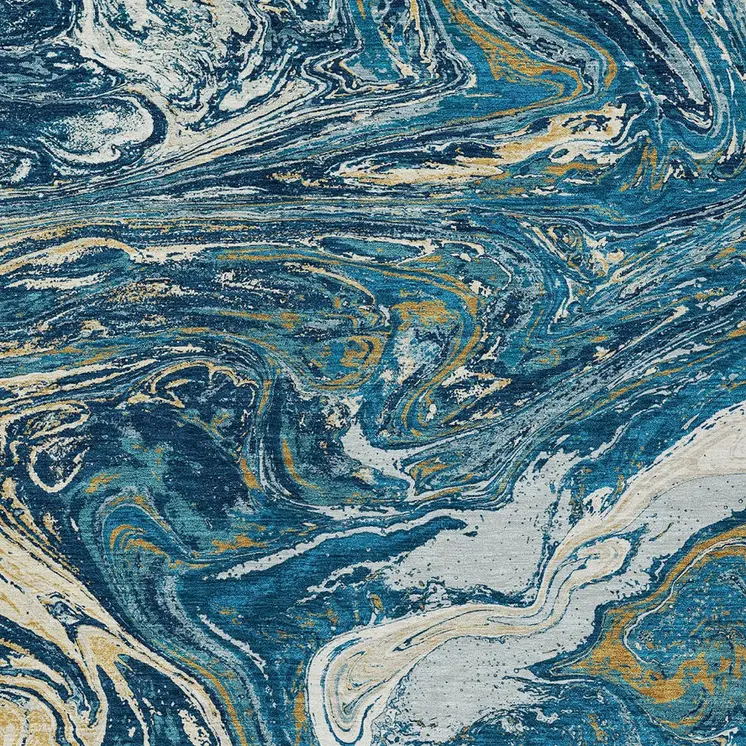3' X 5' Navy Blue Gold And Ivory Abstract Washable Indoor Outdoor Area Rug