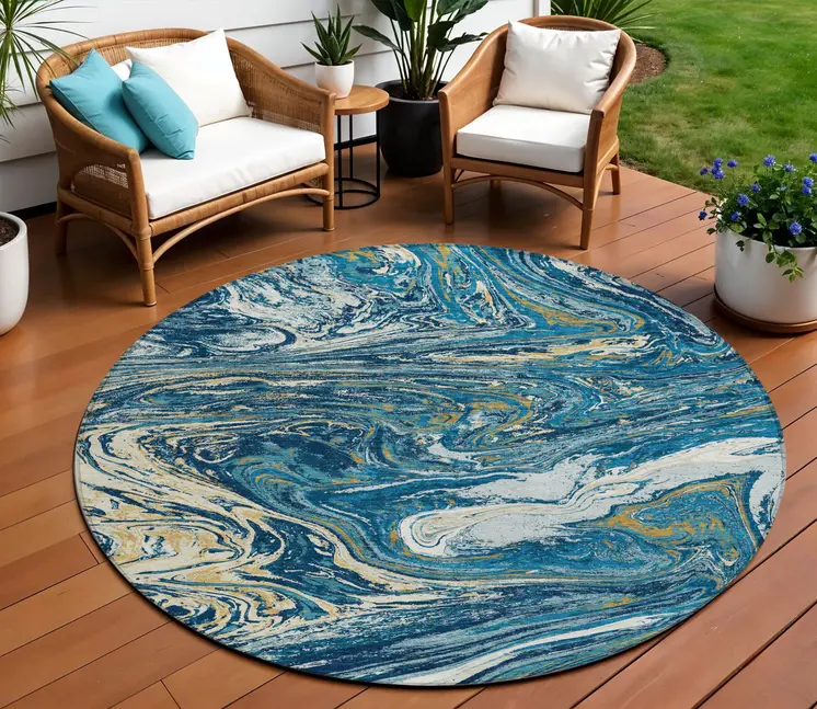 8' Navy Blue Gold And Ivory Round Abstract Washable Indoor Outdoor Area Rug