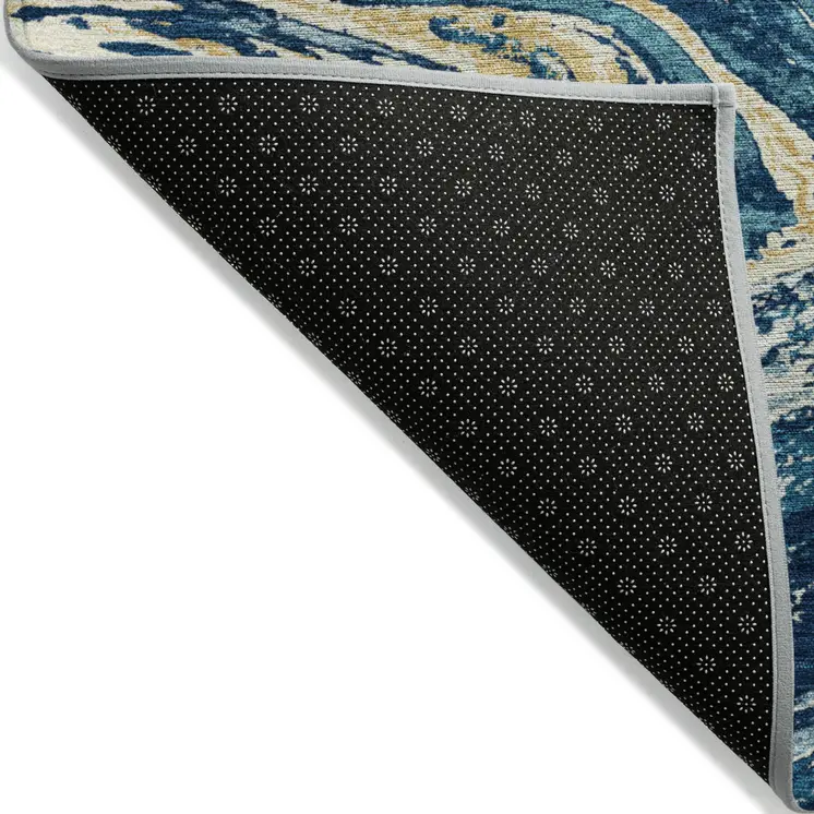 8' Navy Blue Gold And Ivory Round Abstract Washable Indoor Outdoor Area Rug