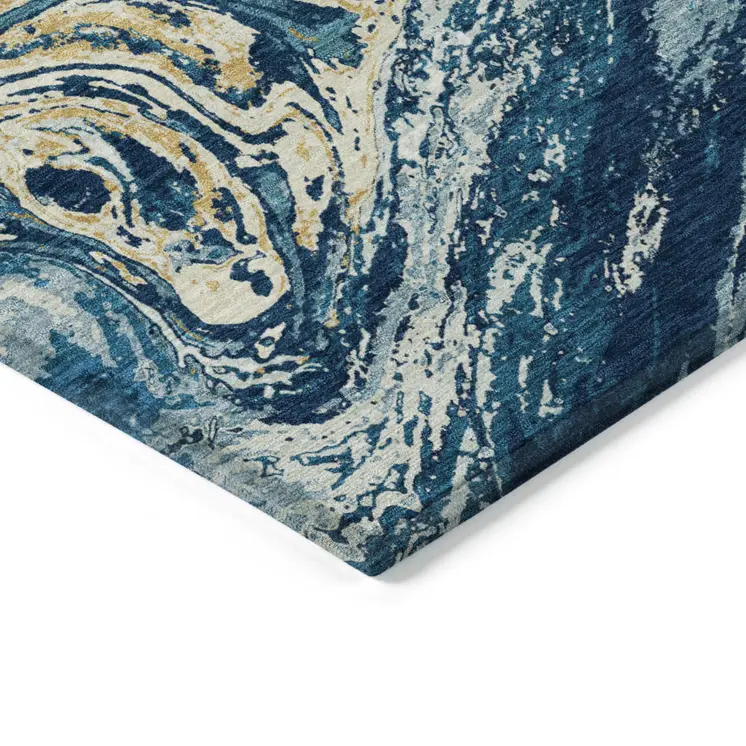 8' Navy Blue Gold And Ivory Round Abstract Washable Indoor Outdoor Area Rug