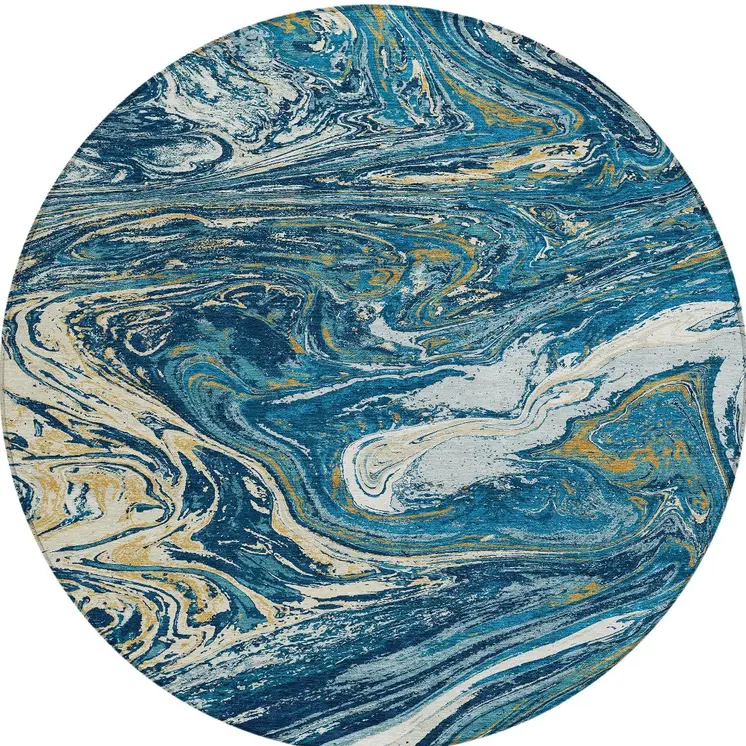 8' Navy Blue Gold And Ivory Round Abstract Washable Indoor Outdoor Area Rug