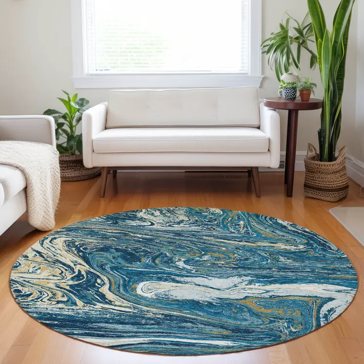 8' Navy Blue Gold And Ivory Round Abstract Washable Indoor Outdoor Area Rug