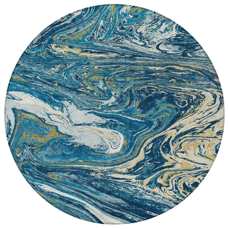 8' Navy Blue Gold And Ivory Round Abstract Washable Indoor Outdoor Area Rug