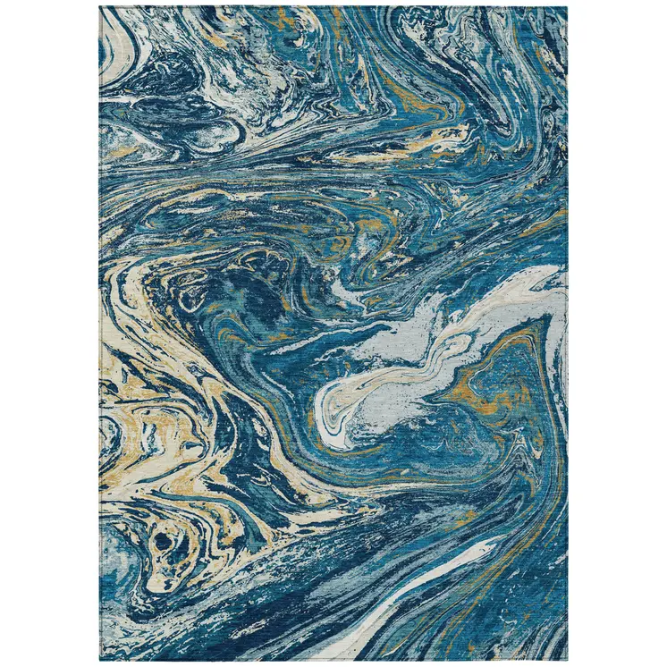 8' X 10' Navy Blue Gold And Ivory Abstract Washable Indoor Outdoor Area Rug