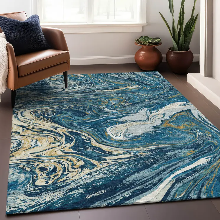 8' X 10' Navy Blue Gold And Ivory Abstract Washable Indoor Outdoor Area Rug