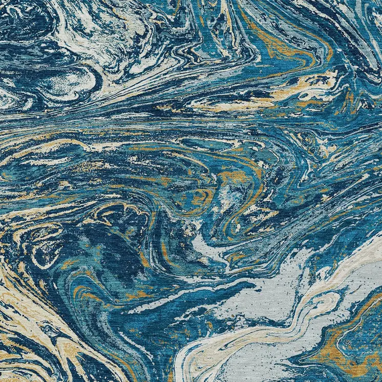 9' X 12' Navy Blue Gold And Ivory Abstract Washable Indoor Outdoor Area Rug