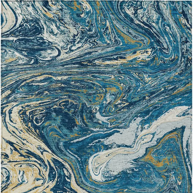 10' X 14' Navy Blue Gold And Ivory Abstract Washable Indoor Outdoor Area Rug