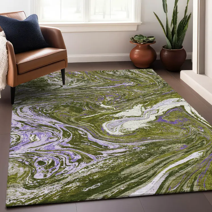 3' X 5' Olive Green Purple And Beige Abstract Washable Indoor Outdoor Area Rug