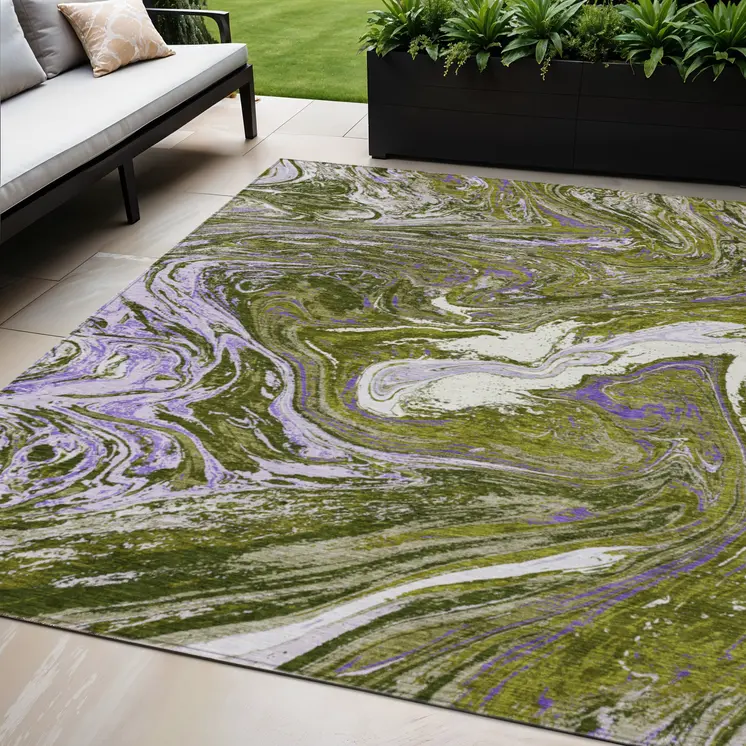5' X 8' Olive Green Purple And Beige Abstract Washable Indoor Outdoor Area Rug