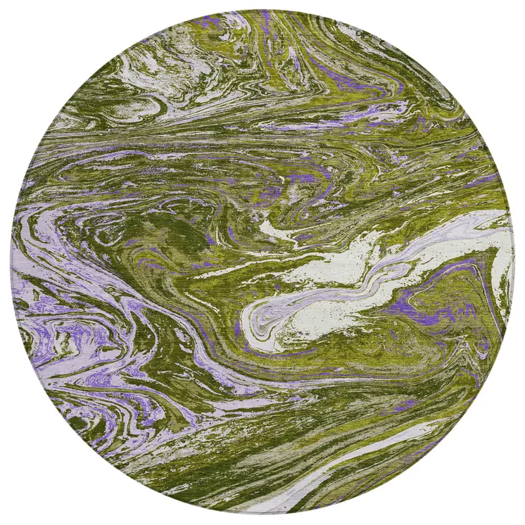 8' Olive Green Purple And Beige Round Abstract Washable Indoor Outdoor Area Rug