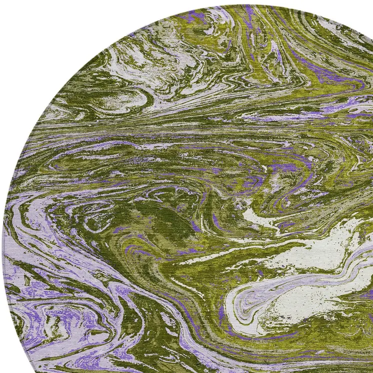 8' Olive Green Purple And Beige Round Abstract Washable Indoor Outdoor Area Rug