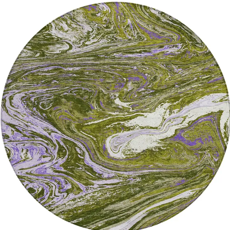 8' Olive Green Purple And Beige Round Abstract Washable Indoor Outdoor Area Rug