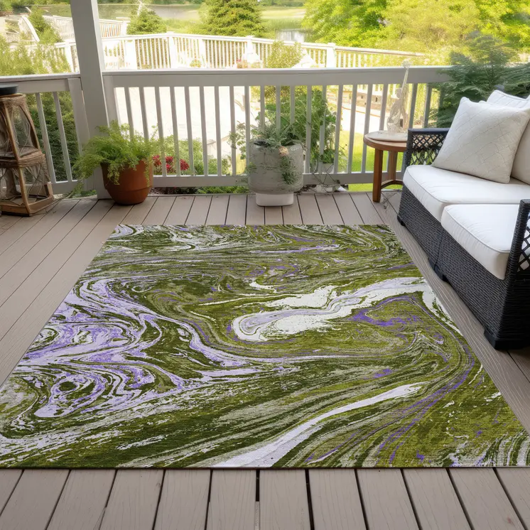 9' X 12' Olive Green Purple And Beige Abstract Washable Indoor Outdoor Area Rug