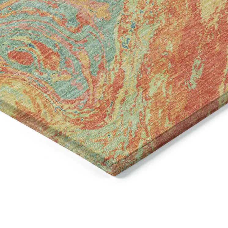 5' X 8' Orange Green And Beige Abstract Washable Indoor Outdoor Area Rug