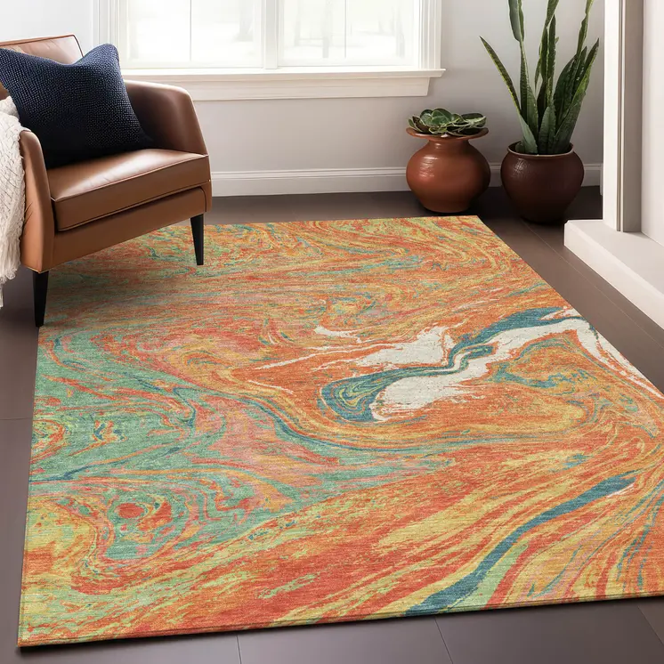 5' X 8' Orange Green And Beige Abstract Washable Indoor Outdoor Area Rug