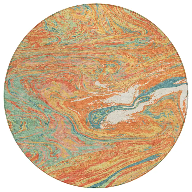 8' Orange Green And Beige Round Abstract Washable Indoor Outdoor Area Rug