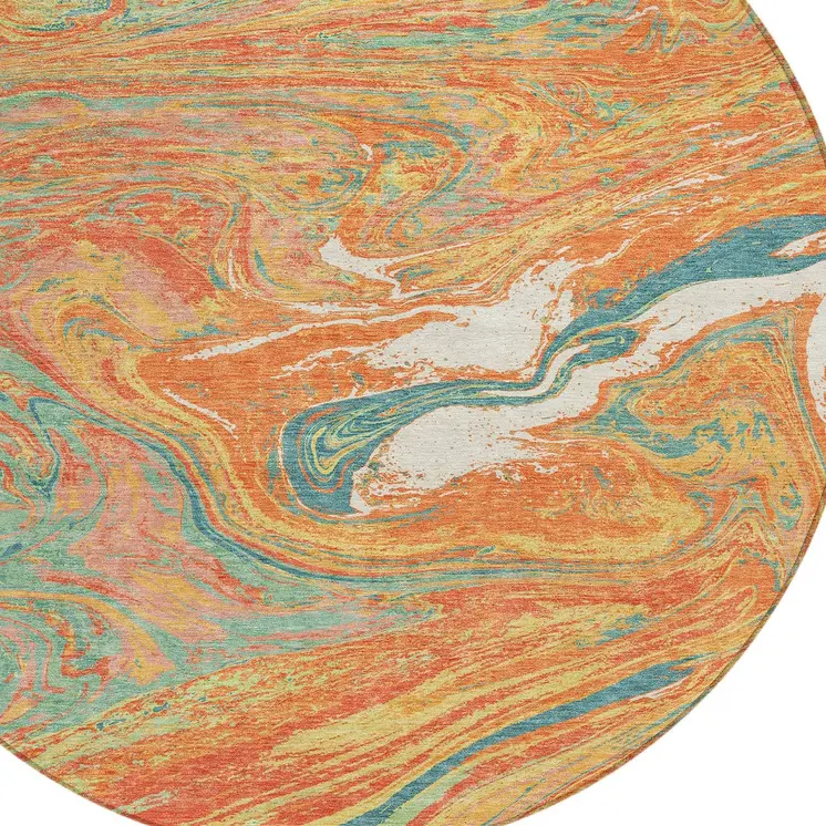 8' Orange Green And Beige Round Abstract Washable Indoor Outdoor Area Rug