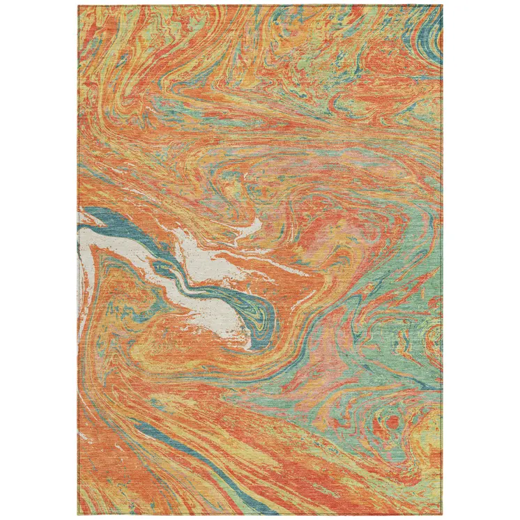 9' X 12' Orange Green And Beige Abstract Washable Indoor Outdoor Area Rug