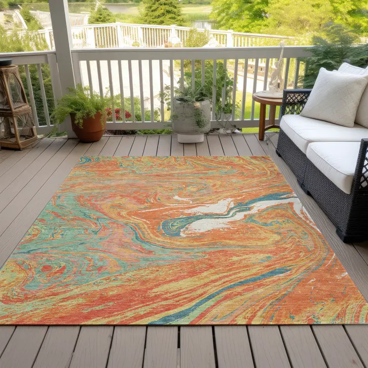 9' X 12' Orange Green And Beige Abstract Washable Indoor Outdoor Area Rug