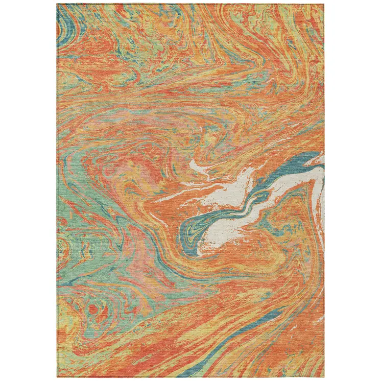 9' X 12' Orange Green And Beige Abstract Washable Indoor Outdoor Area Rug